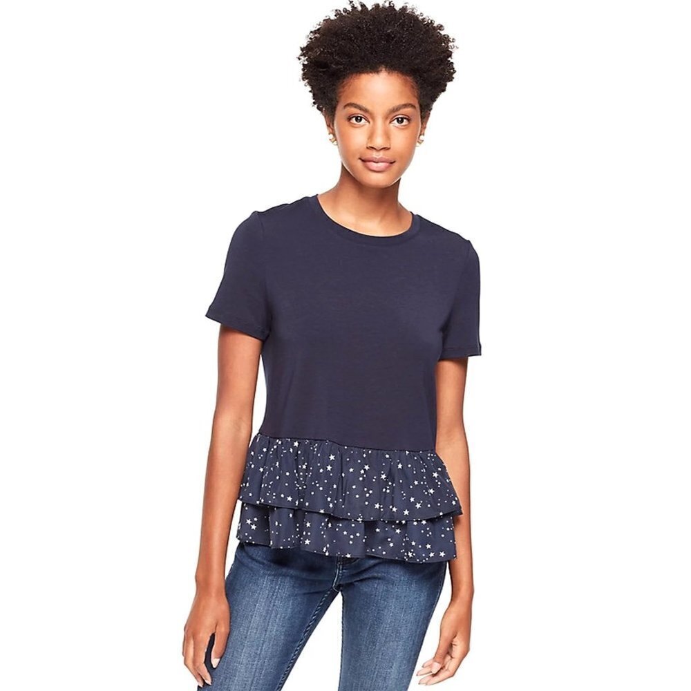 Kate Spade New York Broome Street Tee Women XXS Blue Night Sky Ruffled Peplum